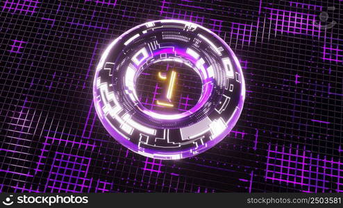 3D Rendering. Neon bright glowing countdown timer from 10 to 0 seconds. Digital Tech clock timer of glowing led Blue digits background. Big 3D Numbers animated for intros. Circle rotating. 3D Rendering. Neon bright glowing countdown timer from 10 to 0 seconds