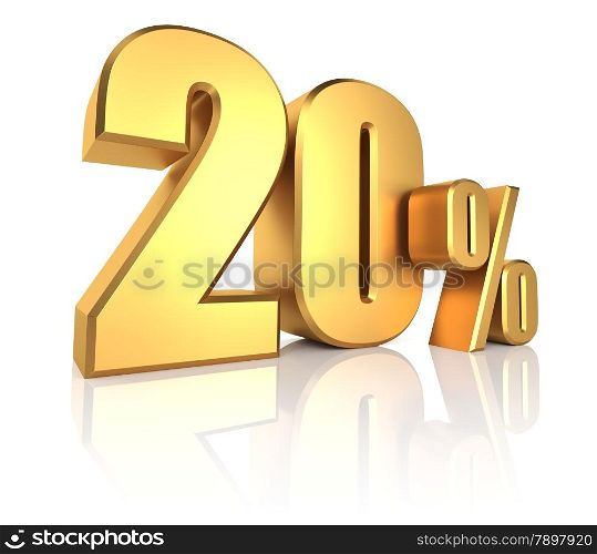 3D rendering of 20 percent in gold metal letters on white background