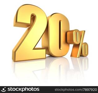3D rendering of 20 percent in gold metal letters on white background