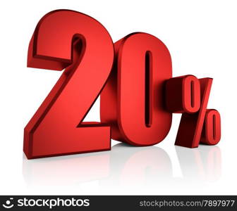 3D rendering of 20 percent in red letters on white background