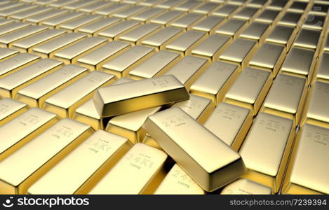 3D rendering of 24 karat gold bars in a vault
