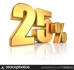 3D rendering of 25 percent in gold metal letters on white background with shadow