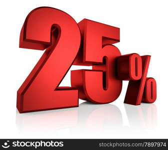 3D rendering of 25 percent in red letters on white background with shadow
