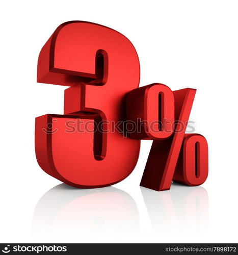 3D rendering of 3 percent in red letters on white background with shadow