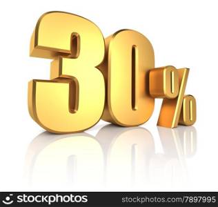3D rendering of 30 percent in gold metal letters on white background with shadow