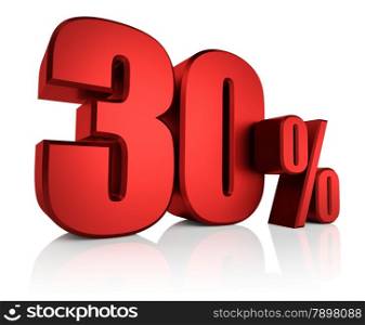 3D rendering of 30 percent in red letters on white background with shadow