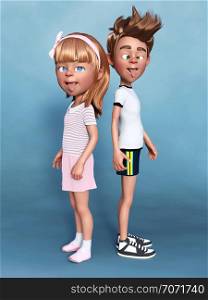 3D rendering of a cartoon boy and girl doing silly faces for the camera. A sibbling portrait. Blue background.. 3D rendering of a cartoon girl and boy posing for the camera.