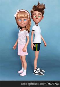 3D rendering of a cartoon boy and girl posing for the camera. A sibbling portrait. Blue background.. 3D rendering of a cartoon girl and boy posing for the camera.
