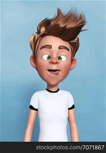 3D rendering of a cartoon boy doing a silly face, sticking his toungue out and grimacing. Blue background.. 3D rendering of a cartoon boy doing a silly face.