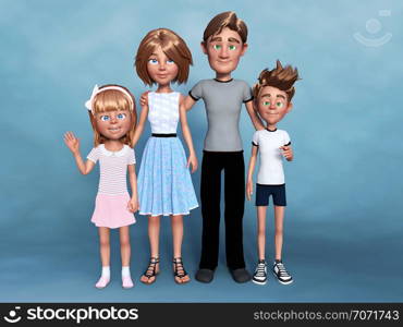 3D rendering of a cartoon family portrait consisting of a mom, dad and their two children - a boy and a girl.. 3D rendering of a cartoon family portrait.