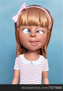 3D rendering of a cartoon girl doing a silly face, sticking her toungue out and crossing her eyes. Blue background.. 3D rendering of a cartoon girl doing a silly face.