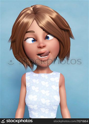 3D rendering of a cartoon mom or woman doing a silly face, sticking her toungue out and crossing her eyes. Blue background.. 3D rendering of a cartoon woman doing a silly face.