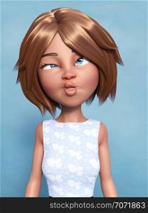 3D rendering of a cartoon mom or woman doing a silly face and grimacing. Blue background.. 3D rendering of a cartoon woman doing a silly face.