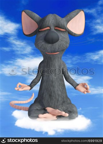 3D rendering of a cartoon mouse doing yoga on a cloud, sitting in a lotus pose with hands in a Chin Mudra pose and meditating with its eyes closed. Blue sky and clouds in the background.. 3D rendering of a cartoon mouse doing yoga in the clouds.
