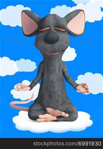 3D rendering of a cartoon mouse doing yoga on a cloud, sitting in a lotus pose with hands in a Chin Mudra pose and meditating with its eyes closed. Blue cartoon sky and clouds in the background.. 3D rendering of a cartoon mouse doing yoga in the clouds.