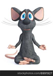 3D rendering of a cartoon mouse doing yoga, sitting in a lotus pose with hands in a Chin Mudra pose. White background.. 3D rendering of a cartoon mouse doing yoga.