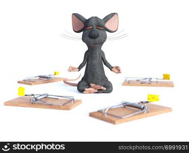 3D rendering of a cartoon mouse doing yoga, sitting in a lotus pose with hands in a Chin Mudra pose and meditating with its eyes closed surrounded by mouse traps. Concept of staying calm. White background.. 3D rendering of a cartoon mouse doing yoga.
