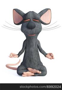 3D rendering of a cartoon mouse doing yoga, sitting in a lotus pose with hands in a Chin Mudra pose and meditating with its eyes closed. White background.. 3D rendering of a cartoon mouse doing yoga.