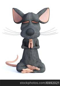 3D rendering of a cartoon mouse sitting down doing yoga, sitting in a lotus pose, meditating with its eyes closed. White background.. 3D rendering of a cartoon mouse doing yoga.