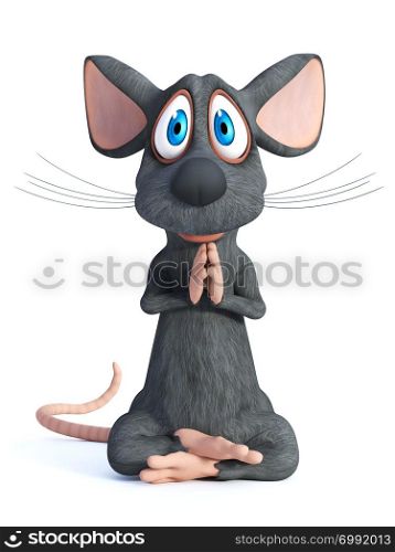 3D rendering of a cartoon mouse sitting down doing yoga, sitting in a lotus pose. White background.. 3D rendering of a cartoon mouse doing yoga.