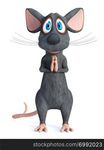 3D rendering of a cartoon mouse standing up doing a yoga namaste, Anjali Mudra, greeting. White background.. 3D rendering of a cartoon mouse doing namaste.