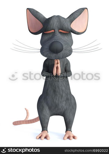 3D rendering of a cartoon mouse standing up doing yoga namaste, Anjali Mudra, or meditating with its eyes closed. White background.. 3D rendering of a cartoon mouse doing namaste.