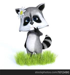 3D rendering of a cartoon raccon standing and smiling wearing a flower and looking very cute. White background.. 3D rendering of cute raccoon with flower.