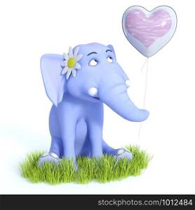 3D rendering of a cute blue cartoon baby elephant sitting down, holding a heart balloon and looking very happy. White background.. 3D rendering of cute blue toon baby elephant sitting and smiling.