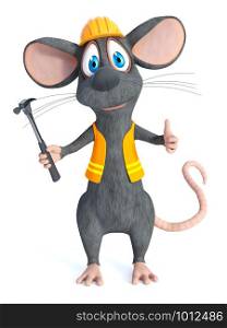 3D rendering of a cute cartoon mouse dressed as a construction woker, holding a hammer and doing a thumbs up. White background.. 3D rendering of a cartoon mouse construction worker.