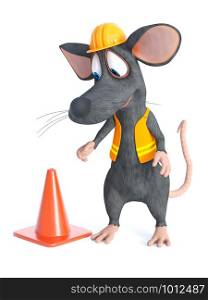 3D rendering of a cute cartoon mouse dressed as a construction woker, looking at a traffic cone. White background.. 3D rendering of a cartoon mouse construction worker.