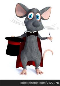 3D rendering of a cute cartoon mouse dressed as a illusionist or magician, holding a high hat and a wand or magic stick. White background.. 3D rendering of a cartoon mouse wizard.