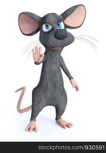 3D rendering of a cute cartoon mouse holding up his hand up like he is saying stop. White background.. 3D rendering of a cartoon mouse showing you to stop.