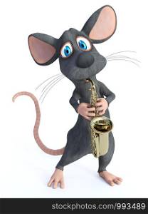 3D rendering of a cute cartoon mouse playing a saxophone. White background.. 3D rendering of a cartoon mouse playing saxophone.