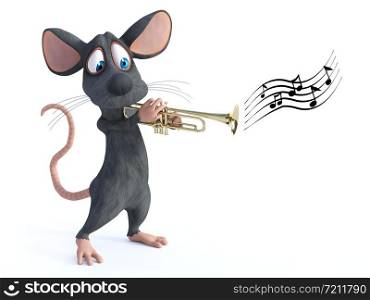 3D rendering of a cute cartoon mouse playing a trumpet. White background.. 3D rendering of a cartoon mouse playing trumpet.