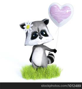 3D rendering of a cute cartoon raccoon standing and holding a heart balloon, looking very happy. White background.. 3D rendering of cute toon raccoon holding balloon.