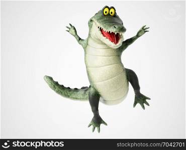 3D rendering of a cute, friendly cartoon crocodile smiling and jumping for joy.. 3D rendering of a cartoon crocodile jumping for joy.