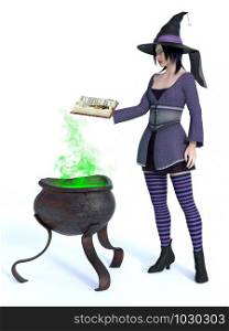 3D rendering of a cute pin-up styled witch dressed in purple clothes holding a spell book. A big cauldron with green smoke is beside her. White background.. 3D rendering of witch with cauldron.
