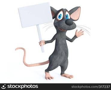 3D rendering of a cute smiling cartoon mouse holding a blank sign and waving while marching. White background.. 3D rendering of a cartoon mouse holding blank sign.