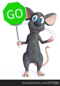 3D rendering of a cute smiling cartoon mouse holding a green go sign. White background.. 3D rendering of a cartoon mouse holding go sign.