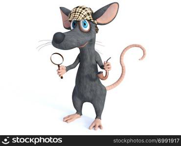 3D rendering of a cute smiling cartoon mouse holding a magnifying glass and pipe, dressed as detective sherlock holmes. White background.. 3D rendering of a smiling cartoon detective mouse holding magnifying glass.