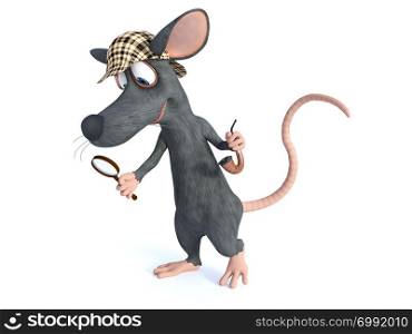 3D rendering of a cute smiling cartoon mouse holding a magnifying glass and pipe, dressed as detective sherlock holmes. White background.. 3D rendering of a smiling cartoon detective mouse holding magnifying glass.