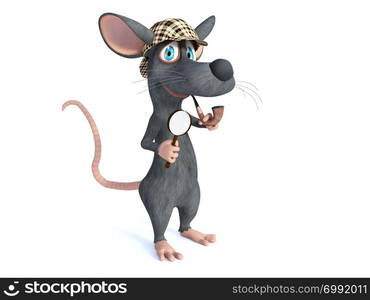 3D rendering of a cute smiling cartoon mouse holding a magnifying glass and pipe, dressed as detective sherlock holmes. White background.. 3D rendering of a smiling cartoon detective mouse holding magnifying glass.