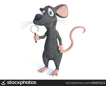 3D rendering of a cute smiling cartoon mouse holding a magnifying glass. White background.. 3D rendering of a smiling cartoon mouse holding magnifying glass.
