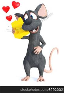 3D rendering of a cute smiling cartoon mouse holding a piece of cheese and looking at it with love. White background.. 3D rendering of a smiling cartoon mouse holding cheese.