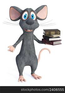 3D rendering of a cute smiling cartoon mouse holding a pile of books in its hand. White background.. 3D rendering of a cartoon mouse holding a pile of books.