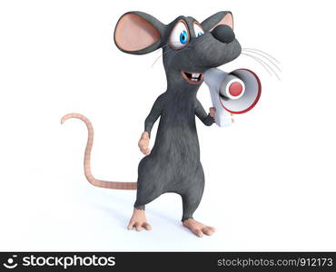 3D rendering of a cute smiling cartoon mouse holding and speaking into a megaphone, announcing something important. White background.. 3D rendering of a cartoon mouse holding megaphone.