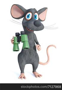 3D rendering of a cute smiling cartoon mouse holding binoculars. White background.. 3D rendering of a cartoon mouse with binoculars.