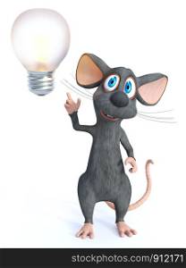 3D rendering of a cute smiling cartoon mouse looking like he is having a bright idea with a big light bulb. White background.. 3D rendering of a smiling cartoon mouse with light bulb.