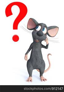 3D rendering of a cute smiling cartoon mouse looking like he is thinking about something. A big red question mark is beside him. White background.. 3D rendering of a confused cartoon mouse with question mark.