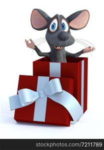 3D rendering of a cute smiling cartoon mouse popping out of a red gift box ready to surprise. White background.. 3D rendering of a cartoon mouse in a gift box.